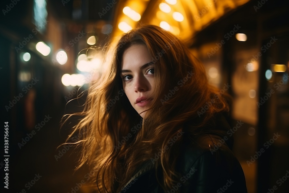 Portrait of a beautiful young woman with long hair at night. Portrait of a beautiful young woman with long hair at night.