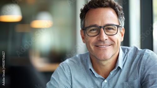 Happy middle aged professional business man, smiling mature executive ceo manager, 45 years old male entrepreneur, confident business owner wearing glasses in office. Headshot portrait 