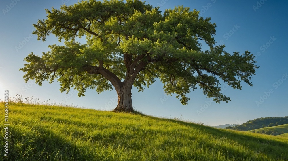 Large oak tree standing alone on grassy hill against blue sky with fluffy white clouds Large oak tree standing alone on grassy hill against blue sky with fluffy white clouds