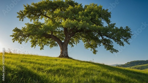 Large oak tree standing alone on grassy hill against blue sky with fluffy white clouds