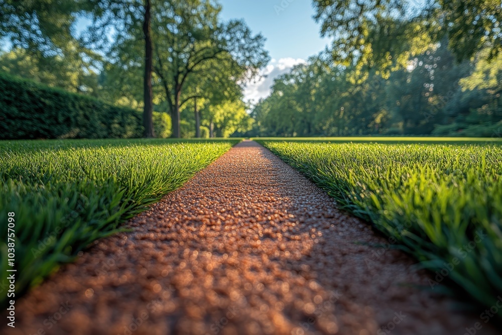 Obraz premium A serene walking path through a lush green park on a sunny afternoon in early summer