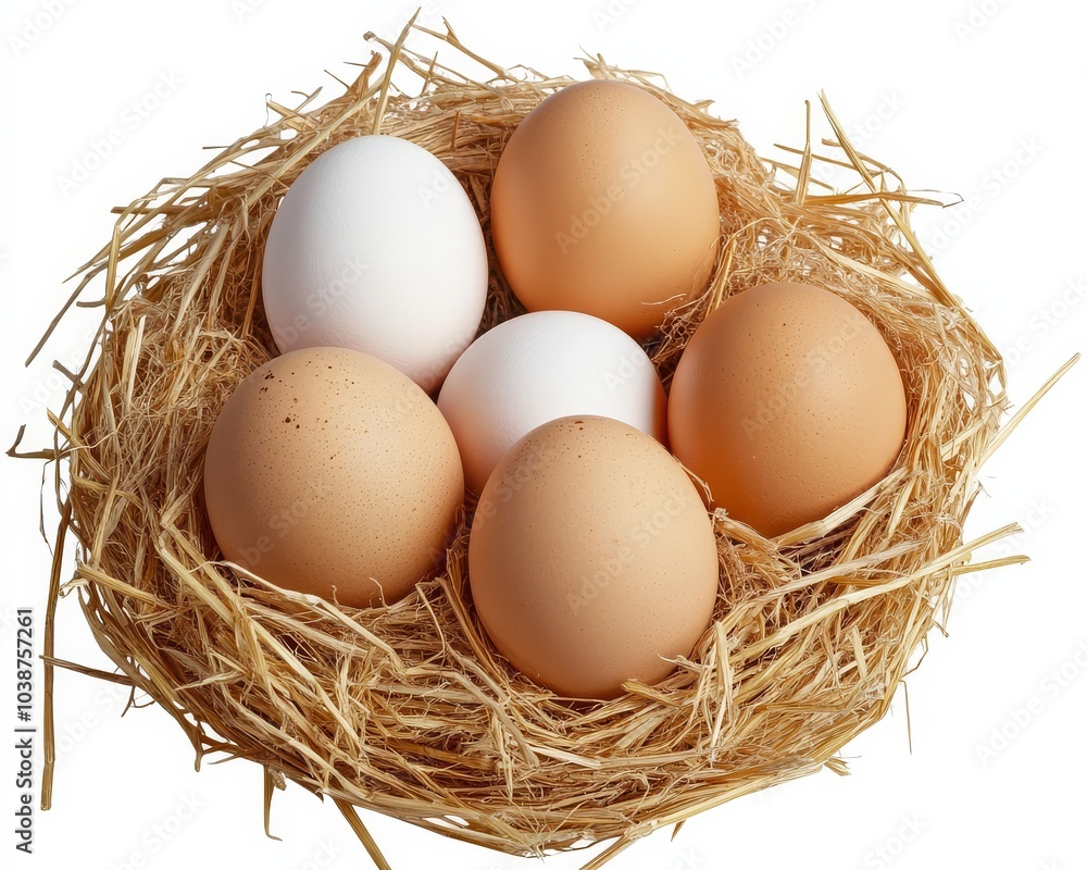 PNG of eggs nestled in straw, representing human food. PNG of eggs nestled in straw, representing human food.