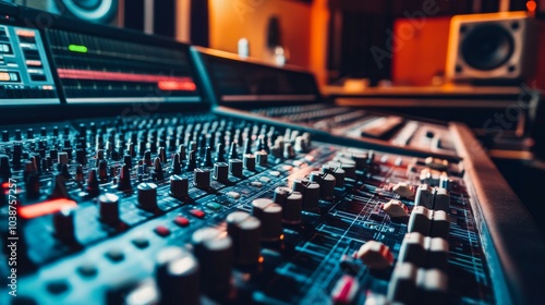 A well-organized music recording studio with professional equipment, Instruments and recording gear set up for creativity, Classic photo of