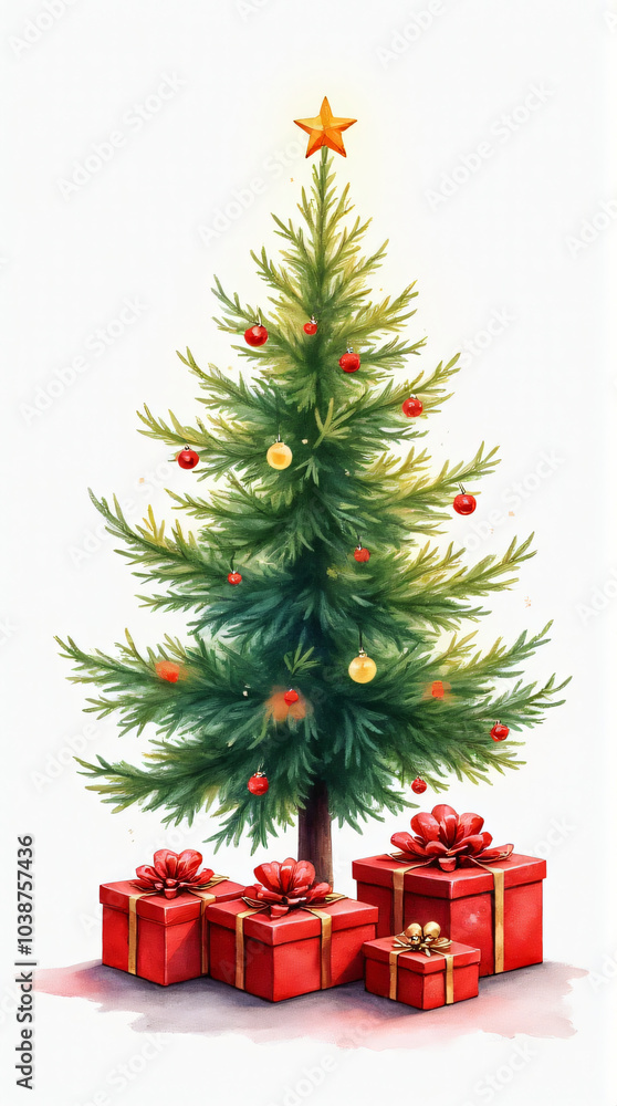 happy new year illustration features christmas tree red gift boxes beautiful watercolor style stock clip art design elements happy new year illustration features christmas tree red gift boxes beautiful watercolor style stock clip art design elements