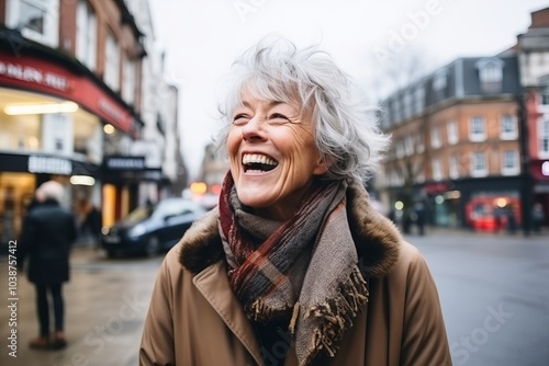 Portrait of a happy senior woman in the street of London.