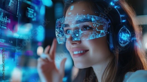 A woman using augmented reality glasses, interacting with digital data in a futuristic setting.