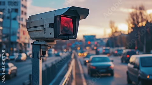Wallpaper Mural Surveillance camera monitoring traffic on a busy urban street at sunset. Torontodigital.ca