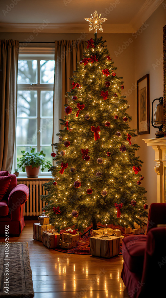 living room features beautifully decorated christmas tree amidst elegant festive decorations warm holiday atmosphere living room features beautifully decorated christmas tree amidst elegant festive decorations warm holiday atmosphere