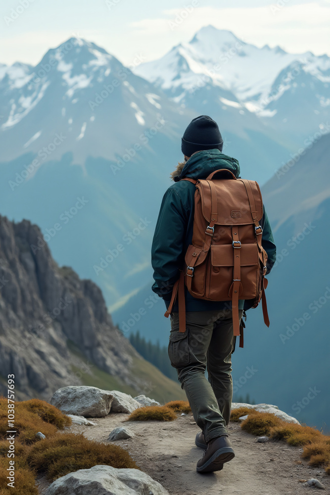 mountain summit reached weary traveler worn leather backpack mountain summit reached weary traveler worn leather backpack