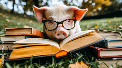 A pig wearing glasses sits on grass reading a book. photo