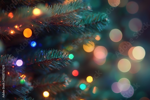 Wallpaper Mural Close-up of Christmas tree branches with colorful lights Torontodigital.ca