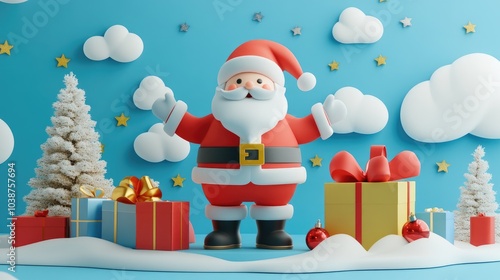 Santa Claus and gifts flat design front view North Pole theme 3D 