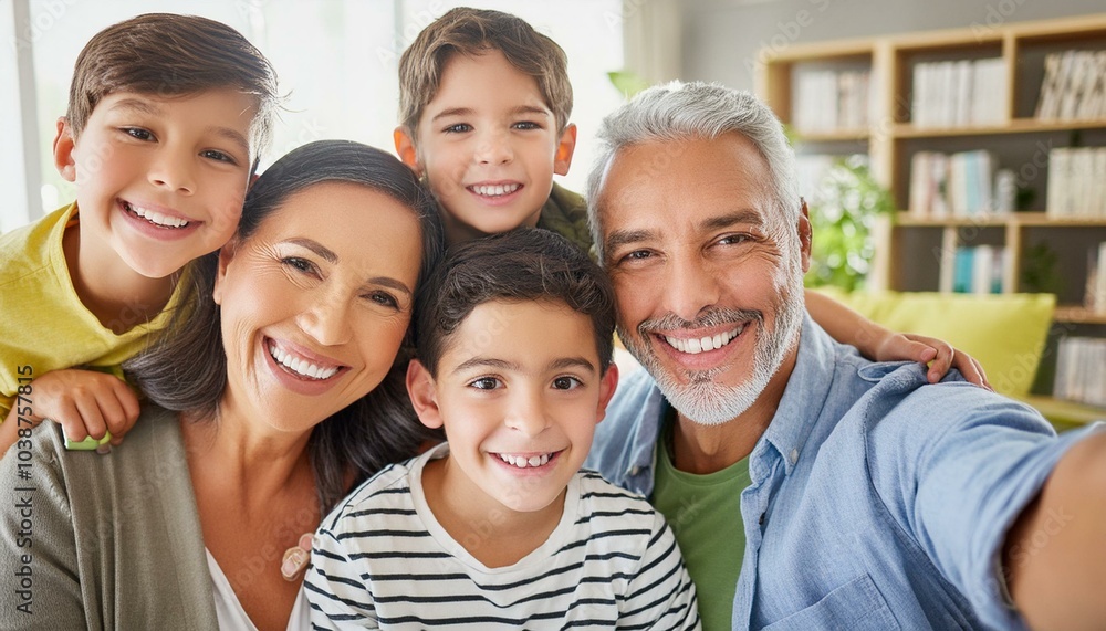 Selfie, man and family with happiness in living room for photography, memory or social media Selfie, man and family with happiness in living room for photography, memory or social media