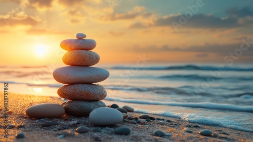A serene sunset over the ocean with stacked stones on the beach, symbolizing balance and tranquility.