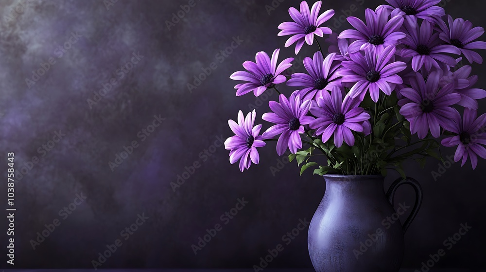 Realistic purple flowers in ornate vase with intricate design Realistic purple flowers in ornate vase with intricate design