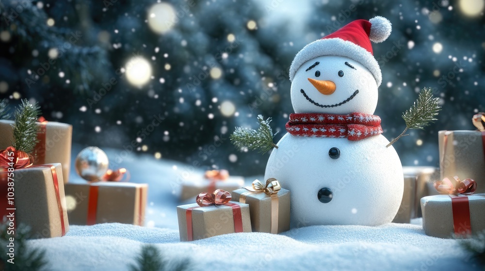 snowman and gifts flat design front view North Pole theme 3D render snowman and gifts flat design front view North Pole theme 3D render