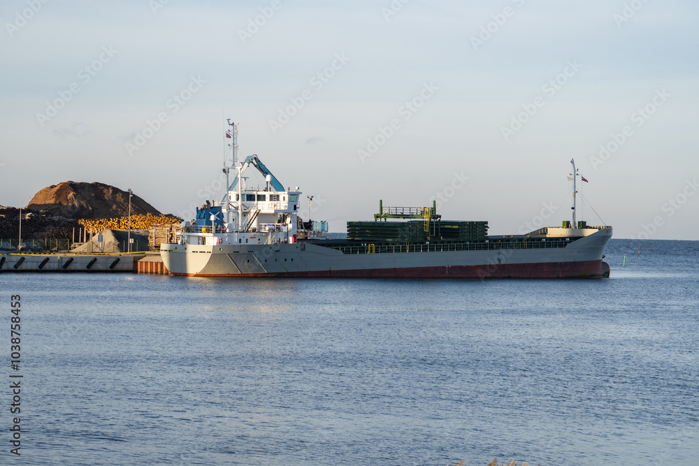 Crane with wood logs gripple loading timber on cargo ship for export. Timber exports. Ship in port.