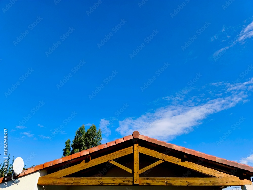 SOUS TOITURE EN BOIS AVEC CHARPENTE VISIBLE, TOIT DOUBLE PANS AU-DESSOUS DE TOIT EN PIN VERNIS SOUS UN CIEL BLEU SOUS TOITURE EN BOIS AVEC CHARPENTE VISIBLE, TOIT DOUBLE PANS AU-DESSOUS DE TOIT EN PIN VERNIS SOUS UN CIEL BLEU