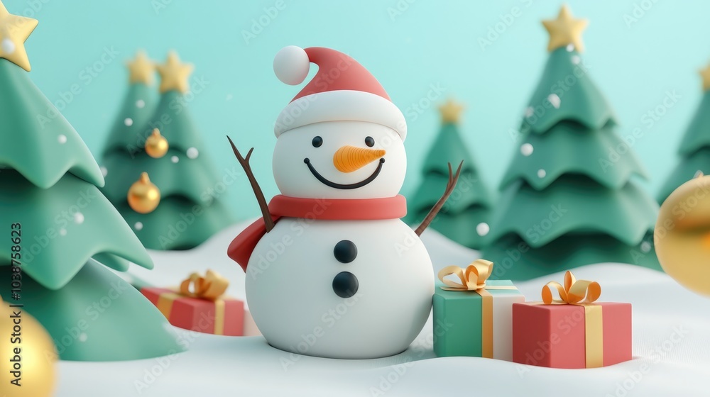 snowman and gifts flat design front view North Pole theme 3D render snowman and gifts flat design front view North Pole theme 3D render