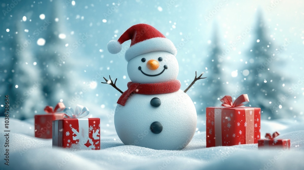 snowman and gifts flat design front view North Pole theme 3D render snowman and gifts flat design front view North Pole theme 3D render