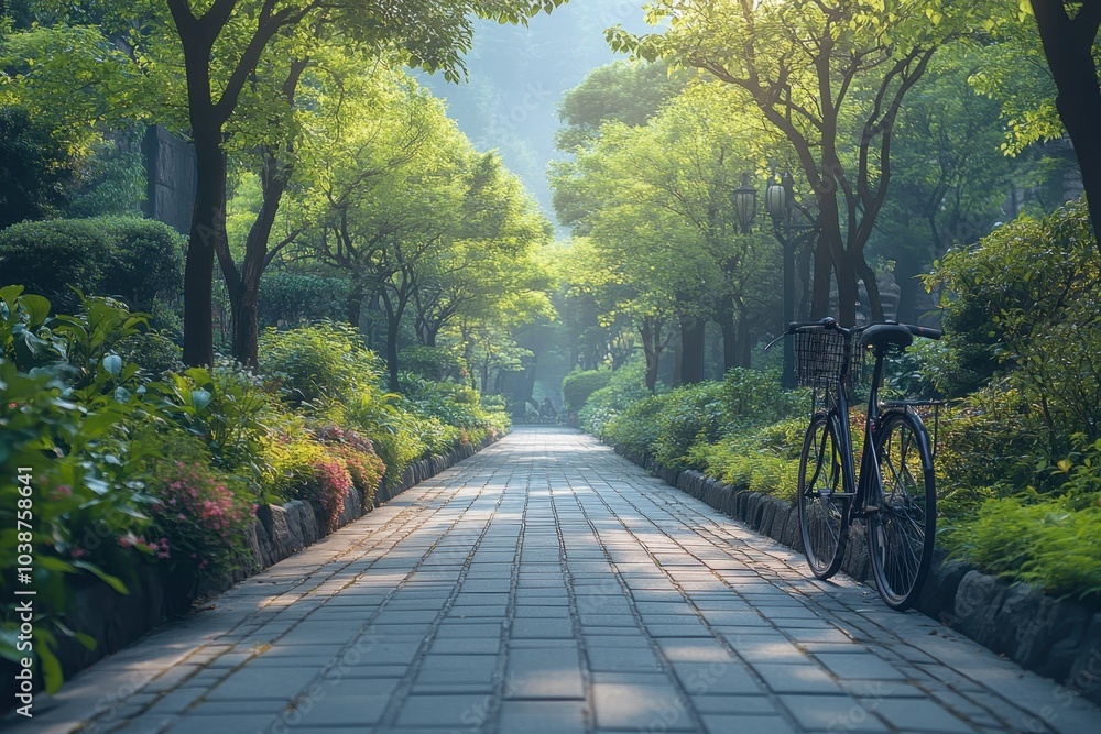 Obraz premium A peaceful morning stroll on a tree-lined pathway with a bicycle parked nearby in a serene park