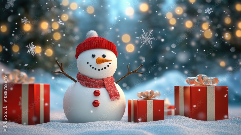 snowman and gifts flat design front view North Pole theme 3D render snowman and gifts flat design front view North Pole theme 3D render