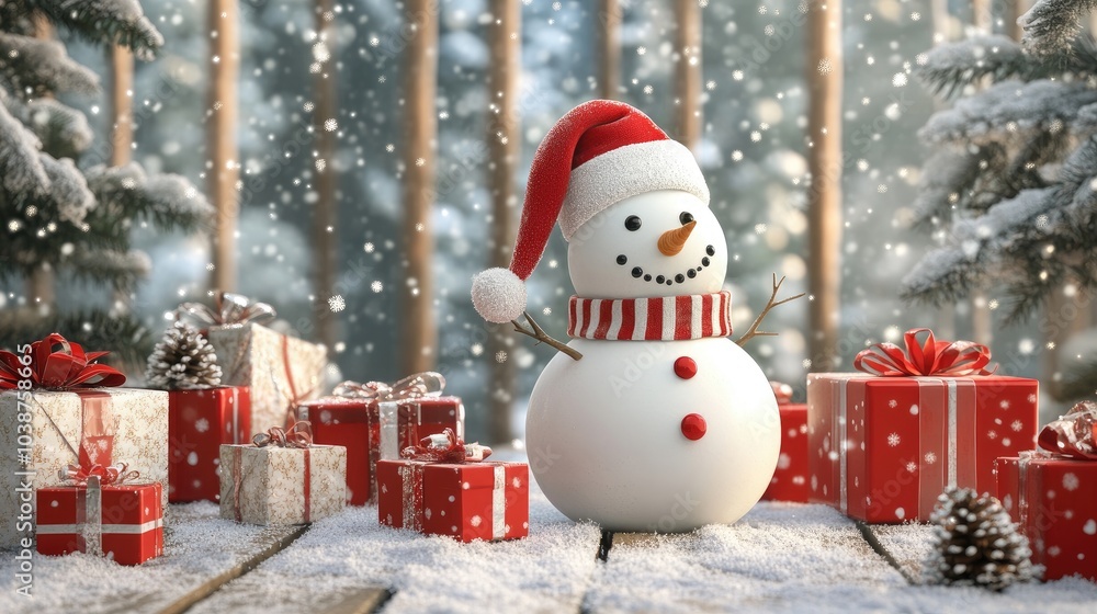 Obraz premium snowman and gifts flat design front view North Pole theme 3D render 