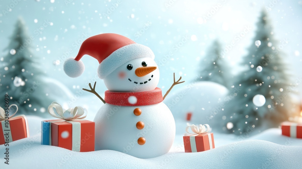 snowman and gifts flat design front view North Pole theme 3D render snowman and gifts flat design front view North Pole theme 3D render