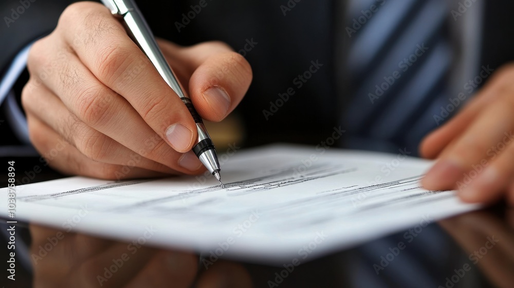 A businessman signing a contract while handing over a check, symbolizing a financial transaction. A businessman signing a contract while handing over a check, symbolizing a financial transaction.