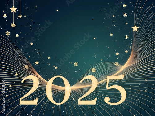Happy New Year design with 2025 pale yellow number, stars and abstract lines on blue background
