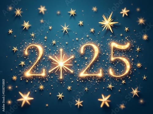 Happy New Year design with 2025 golden number and stars on blue background