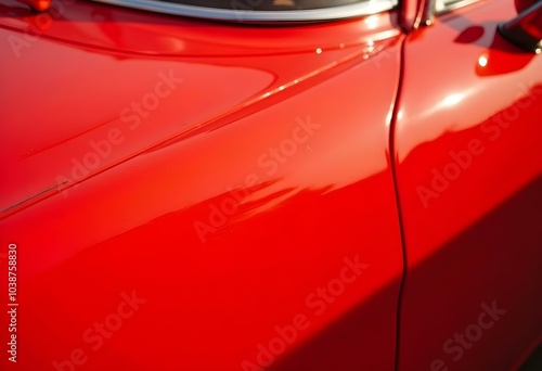 Close up shot of a shiny red car surface reflecting sunlight with detailed textures and imperfections visible, showcasing the paint's gloss and depth create with ai