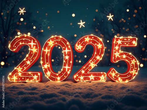 Happy New Year design with 2025 red number, yellow stars and garland on dark blue background