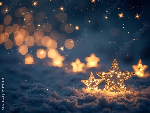 Christmas and Happy New Year design with golden stars and bokeh lines on snow, blurred blue background