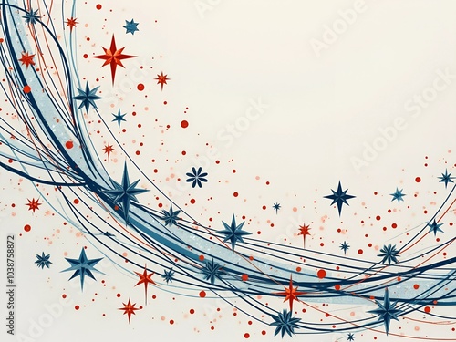Christmas and Happy New Year design with bluw and red stars and abstract lines on white background