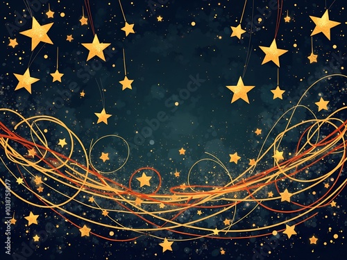 Christmas and Happy New Year design with golden stars and abstract lines on dark blue background