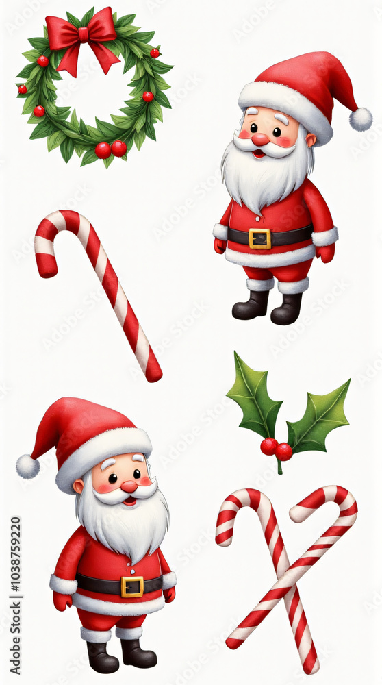 watercolor santa illustrations feature wreaths candy canes festive holly colorful christmas collection watercolor santa illustrations feature wreaths candy canes festive holly colorful christmas collection