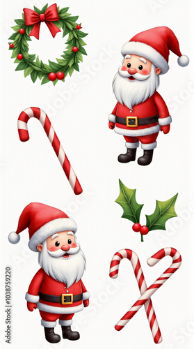 watercolor santa illustrations feature wreaths candy canes festive holly colorful christmas collection