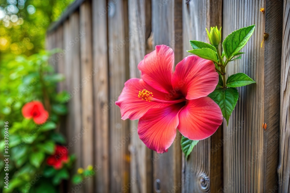 Fototapeta premium Pink hibiscus flower in full bloom against wooden fence