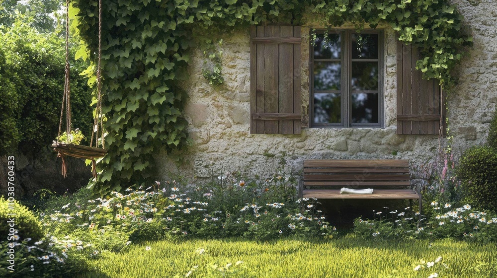 A charming stone house with a rustic garden, featuring ivy-covered walls, wildflowers, and a wooden swing. A charming stone house with a rustic garden, featuring ivy-covered walls, wildflowers, and a wooden swing.