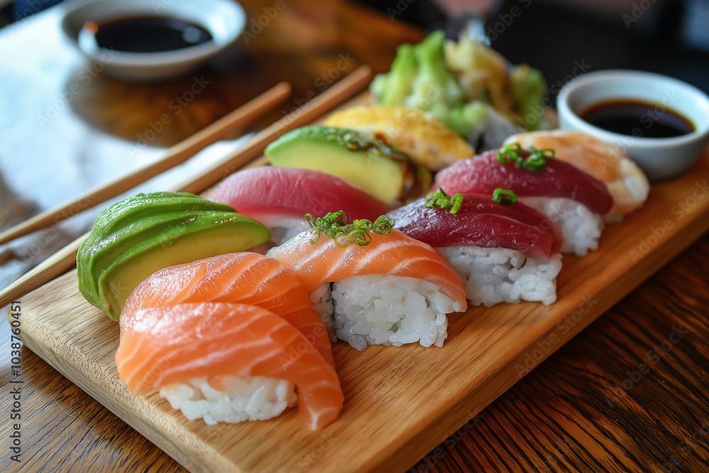 Close-up of a beautifully plated sushi assortment with fresh tuna, salmon, and avocado on a wooden board, accompanied by soy sauce and chopsticks. Close-up of a beautifully plated sushi assortment with fresh tuna, salmon, and avocado on a wooden board, accompanied by soy sauce and chopsticks.