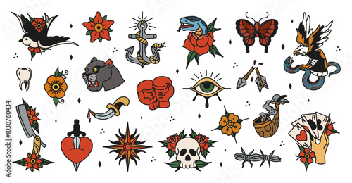 Old school tattoos, traditional style born in USA. Vector set - swallow, razor, wind rose, skull, eagle, snake, panther head, boxing gloves, anchor and others. Old school tattoo, vector graphic set