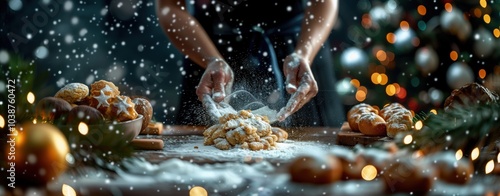 Hands preparing Christmas cookies on a festive kitchen table with holiday decorations and lights