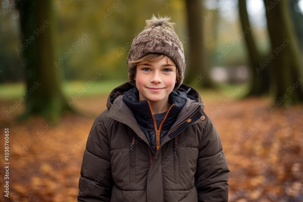 Portrait of a cute little boy in a warm jacket and hat in the autumn forest Portrait of a cute little boy in a warm jacket and hat in the autumn forest