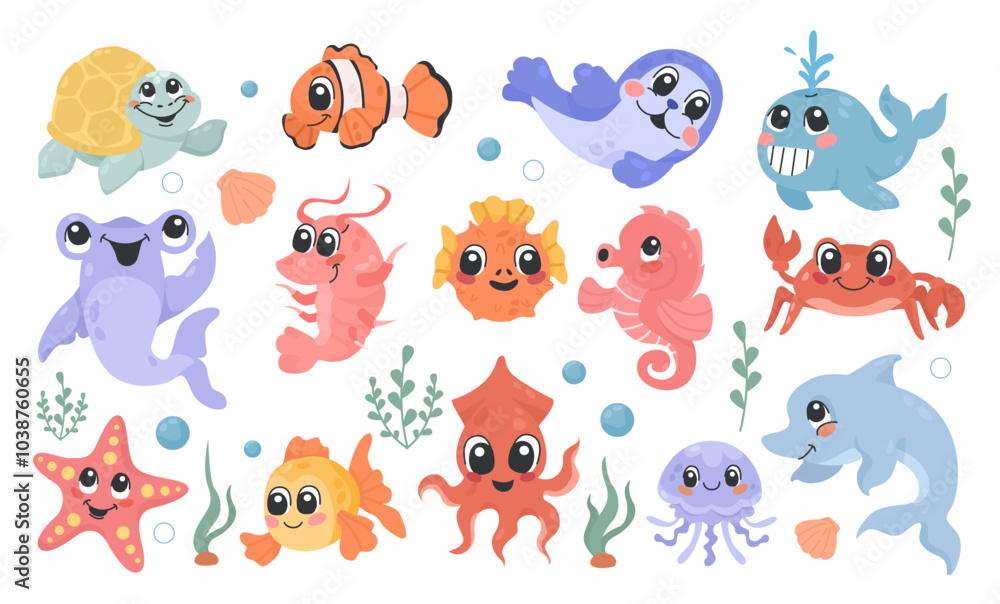 Cute sea creatures, set with illustrations of sea creatures, fish and animals, kind and cute illustrations for children. Cartoon sea characters, ocean inhabitants, isolated on white background. Vector Cute sea creatures, set with illustrations of sea creatures, fish and animals, kind and cute illustrations for children. Cartoon sea characters, ocean inhabitants, isolated on white background. Vector