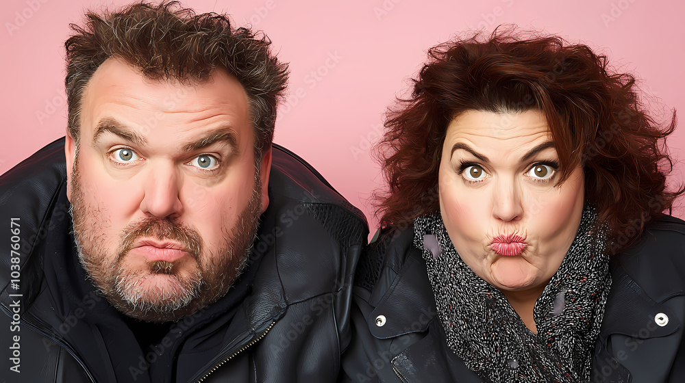 Two individuals making funny facial expressions. Two individuals making funny facial expressions.