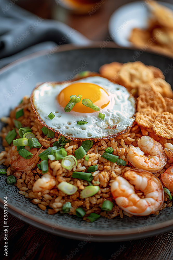 Indonesian nasi goreng fried rice served with a fried egg on top, shrimp crackers on the side, and garnished with green onions. Indonesian nasi goreng fried rice served with a fried egg on top, shrimp crackers on the side, and garnished with green onions.
