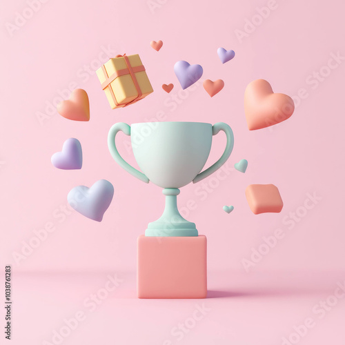 colorful trophy surrounded by floating hearts and gift box creates joyful and celebratory atmosphere. This design symbolizes achievement and love