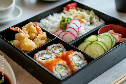 Wallpaper Mural Japanese bento box with perfectly arranged sushi rolls, tempura, and rice, decorated with fresh slices of cucumber and radish. Torontodigital.ca