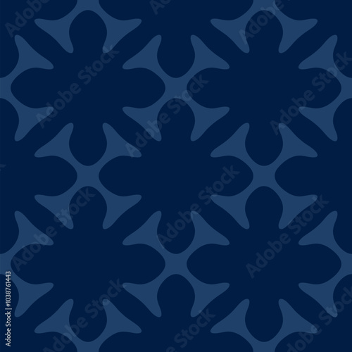 Floral geometric seamless pattern. Abstract vector ornament texture with flower shapes, crosses, tiles, grid, lattice. Simple dark blue minimal elegant background. Repeated design for decor, textile